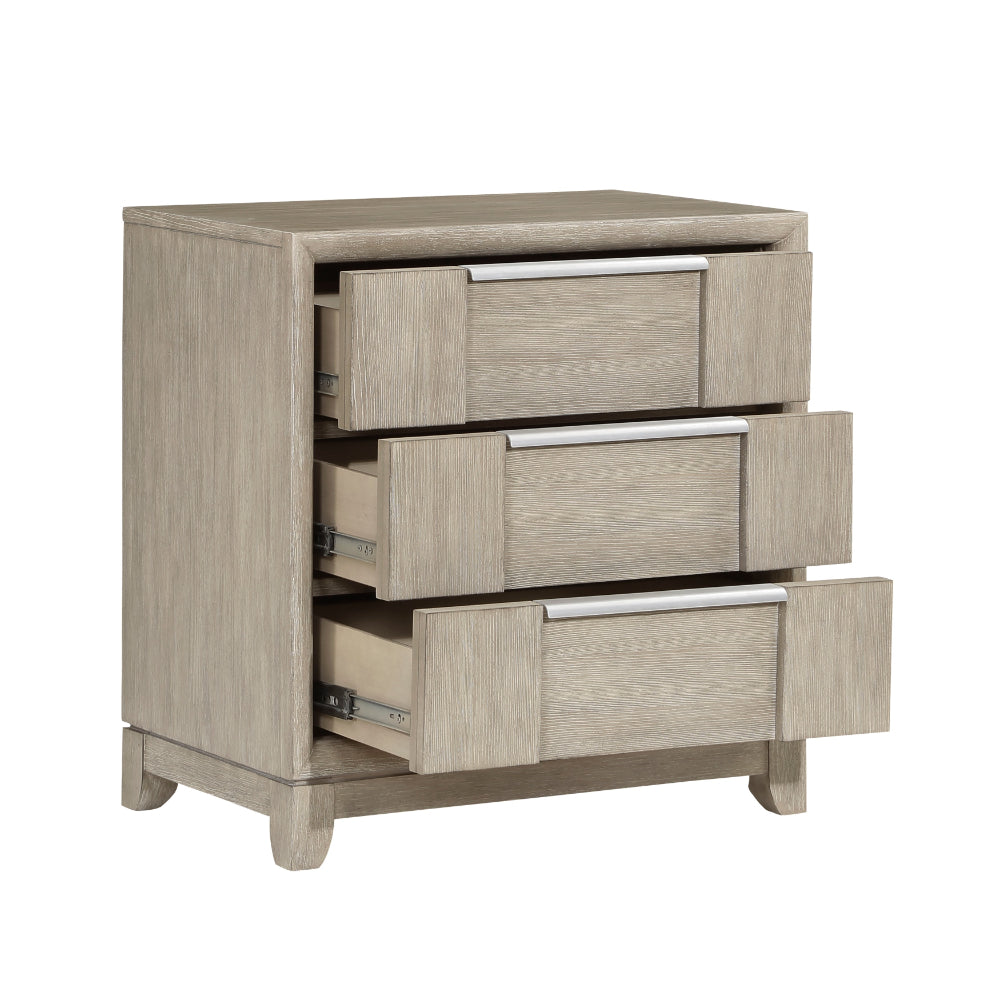 Benjara Owen 29 Inch Nightstand, 3 Drawers, USB Charging Port, Light Beige Wood