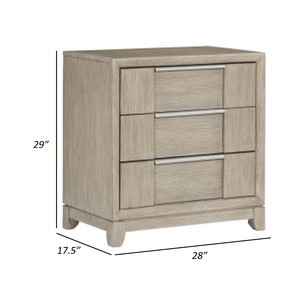 Benjara Owen 29 Inch Nightstand, 3 Drawers, USB Charging Port, Light Beige Wood