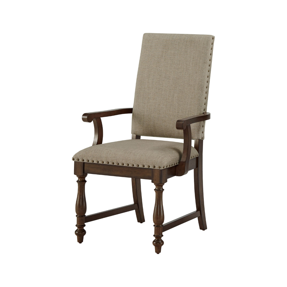 Benjara Tom 26 Inch Dining Armchair, Beige Polyester, Nailheads, Brown Wood, Set of 2