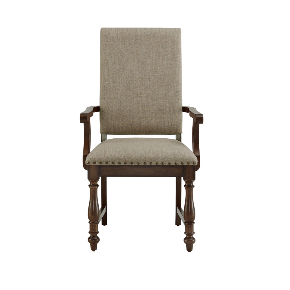 Benjara Tom 26 Inch Dining Armchair, Beige Polyester, Nailheads, Brown Wood, Set of 2