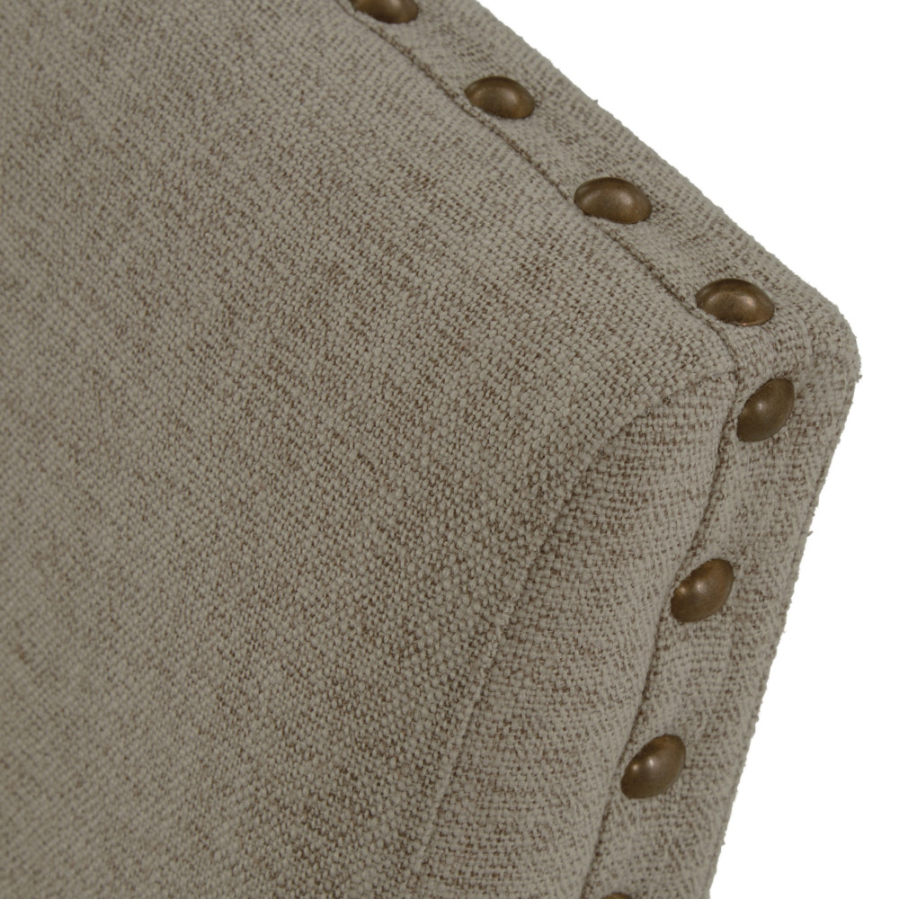 Benjara Tom 26 Inch Dining Armchair, Beige Polyester, Nailheads, Brown Wood, Set of 2