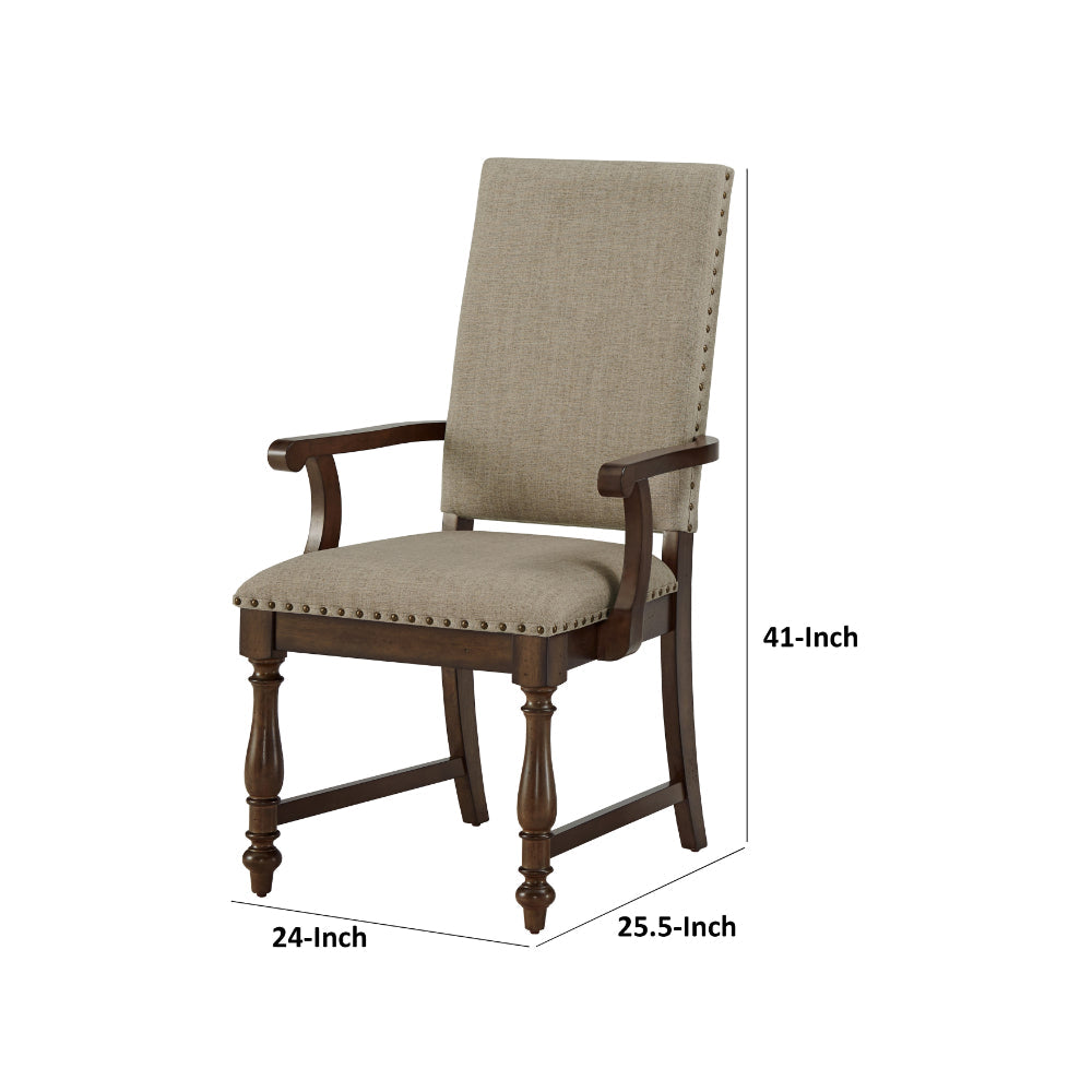 Benjara Tom 26 Inch Dining Armchair, Beige Polyester, Nailheads, Brown Wood, Set of 2