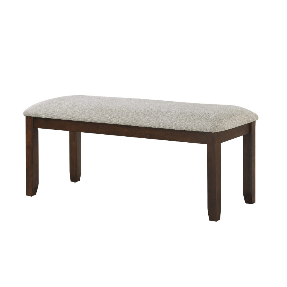 Benjara Humpty 43 Inch Bench, Gray Polyester Upholstery, Cherry Brown Solid Wood