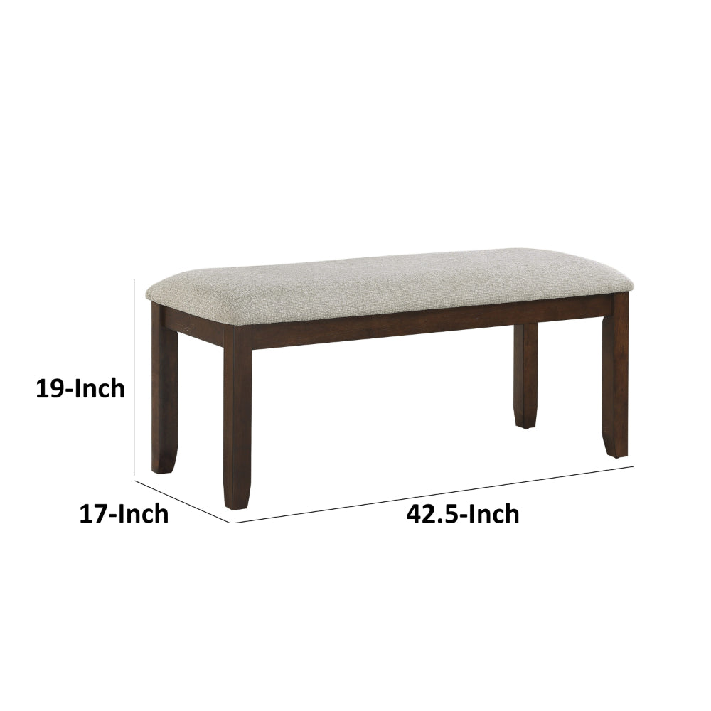 Benjara Humpty 43 Inch Bench, Gray Polyester Upholstery, Cherry Brown Solid Wood