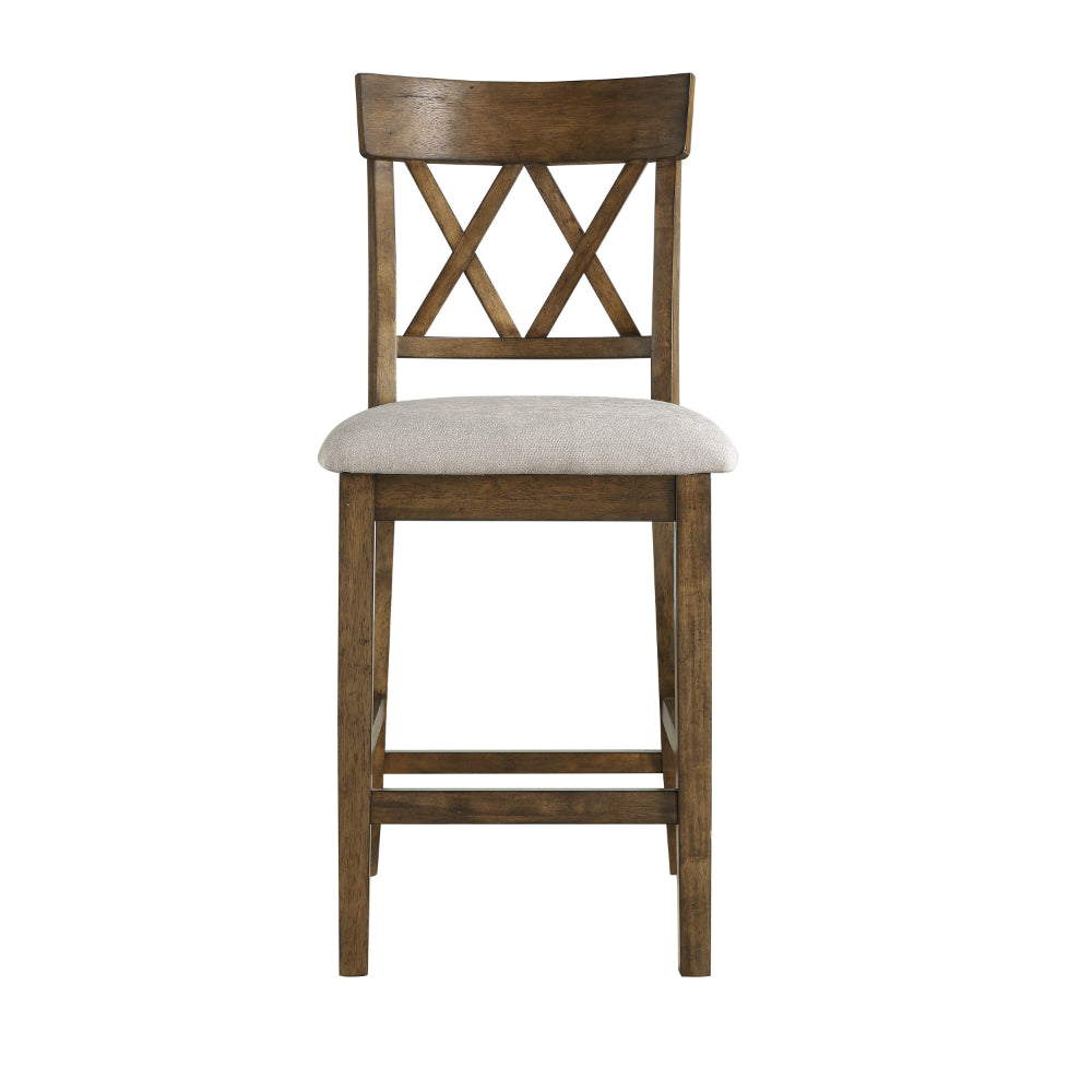 Benjara Carl 26 Inch Counter Height Chair, Polyester Seat, X Back, Brown, Set of 2
