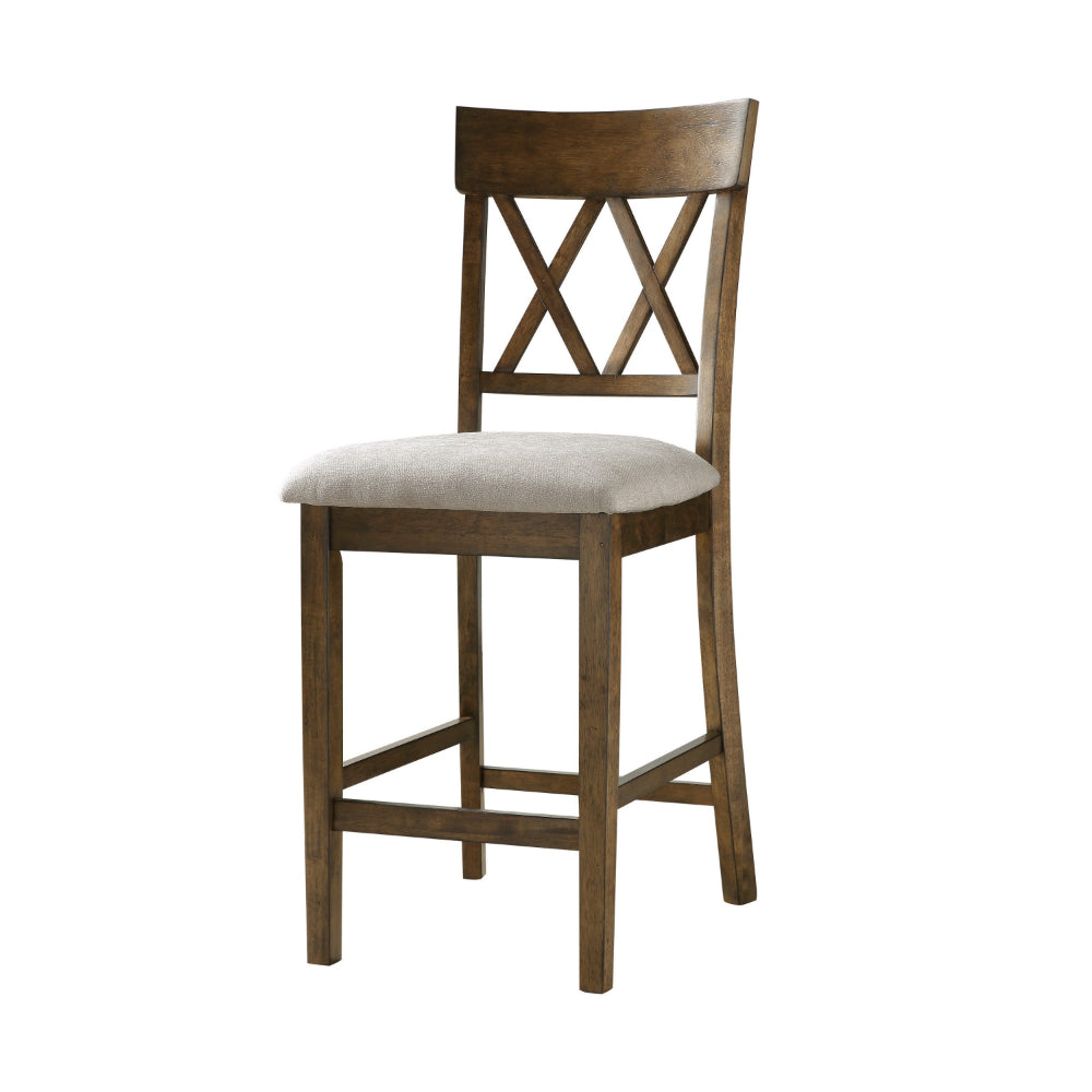 Benjara Carl 26 Inch Counter Height Chair, Polyester Seat, X Back, Brown, Set of 2