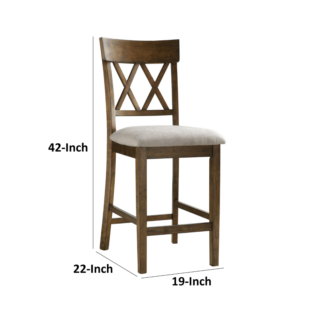 Benjara Carl 26 Inch Counter Height Chair, Polyester Seat, X Back, Brown, Set of 2