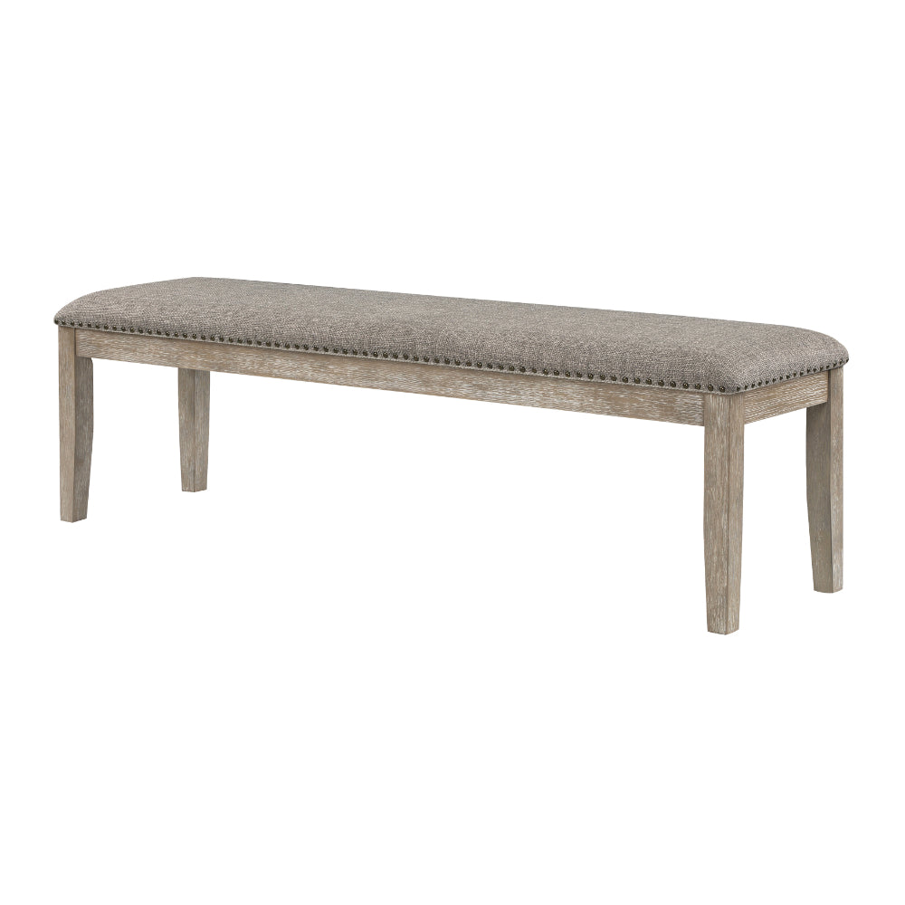 Benjara Ruth 64 Inch Bench, Nailhead Trim, Polyester Upholstery, Gray Solid Wood