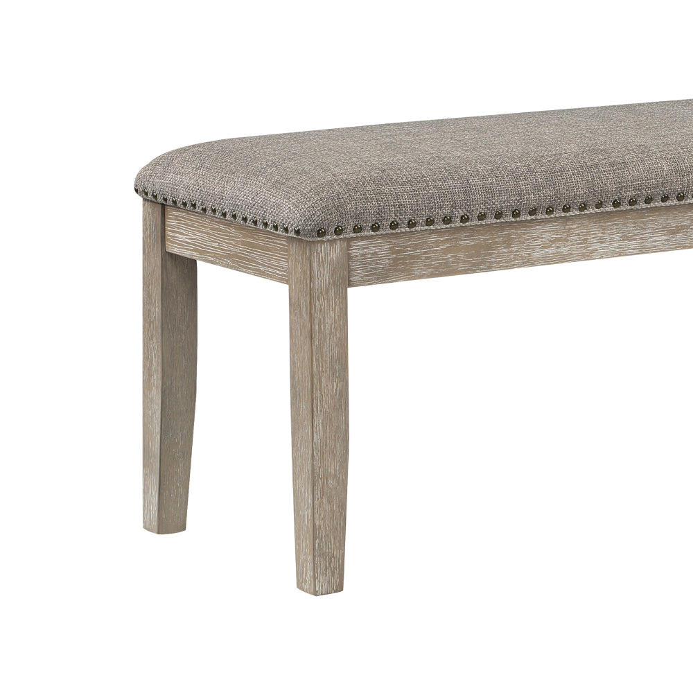 Benjara Ruth 64 Inch Bench, Nailhead Trim, Polyester Upholstery, Gray Solid Wood