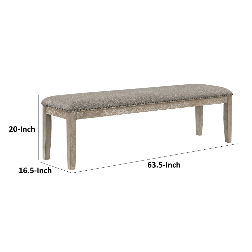 Benjara Ruth 64 Inch Bench, Nailhead Trim, Polyester Upholstery, Gray Solid Wood