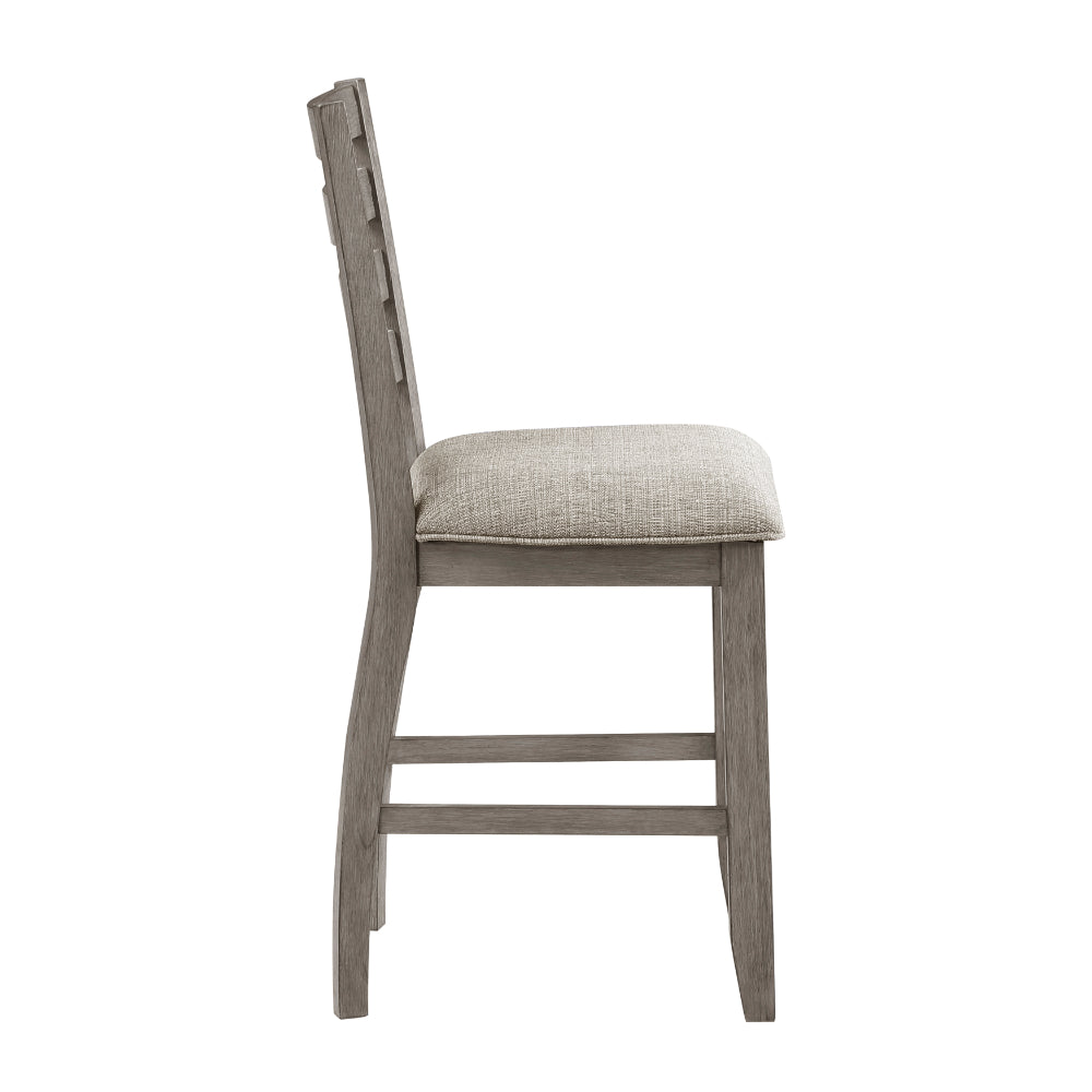 Benjara Trea 26 Inch Counter Height Chair, Ladder Back, Polyester, Gray Wood, Set of 2