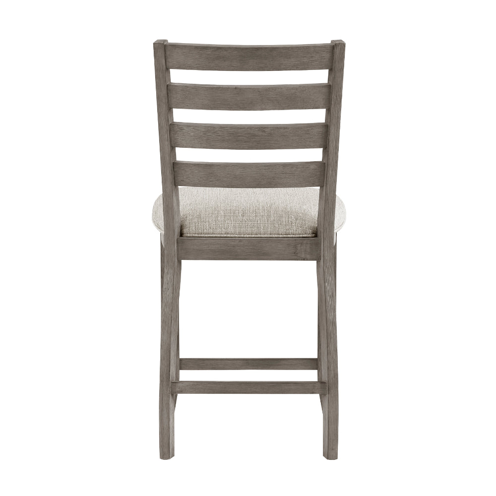 Benjara Trea 26 Inch Counter Height Chair, Ladder Back, Polyester, Gray Wood, Set of 2
