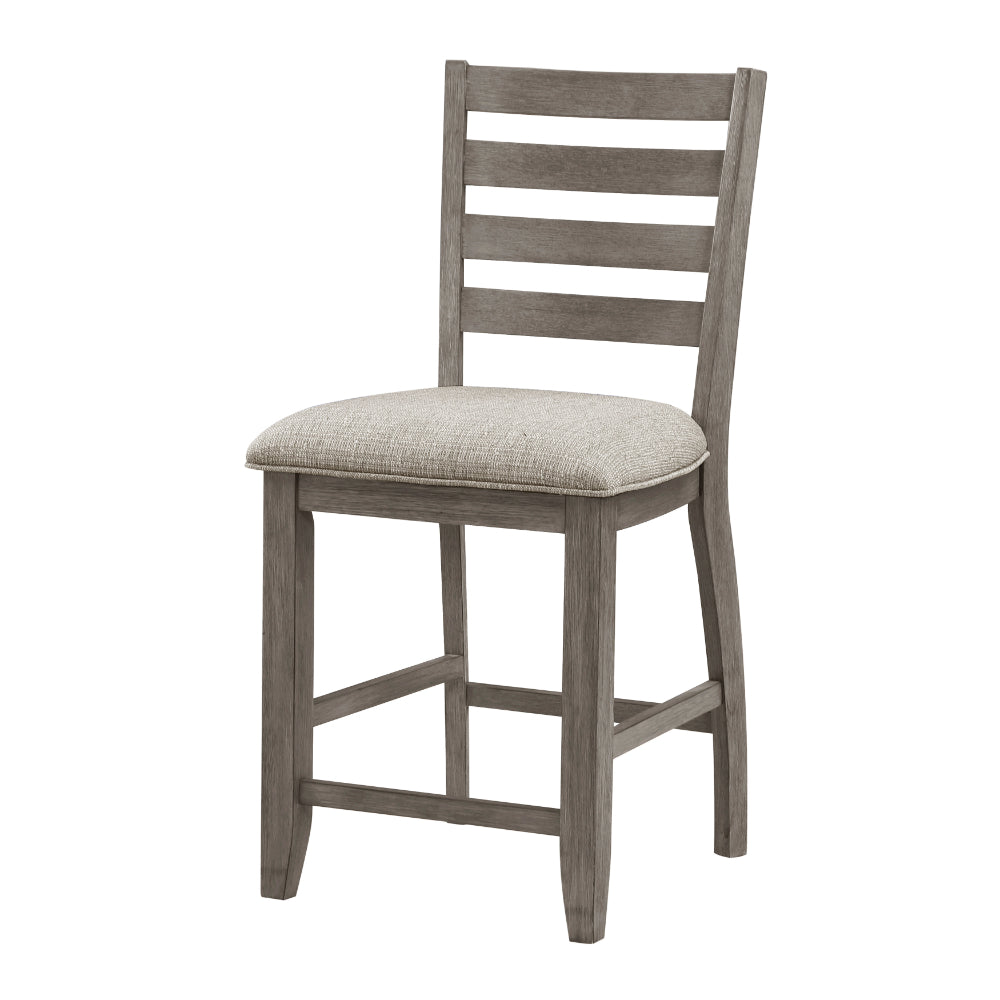 Benjara Trea 26 Inch Counter Height Chair, Ladder Back, Polyester, Gray Wood, Set of 2