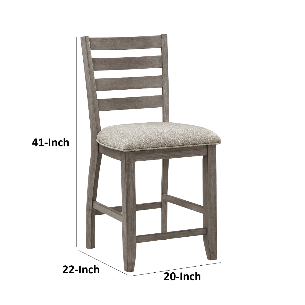 Benjara Trea 26 Inch Counter Height Chair, Ladder Back, Polyester, Gray Wood, Set of 2