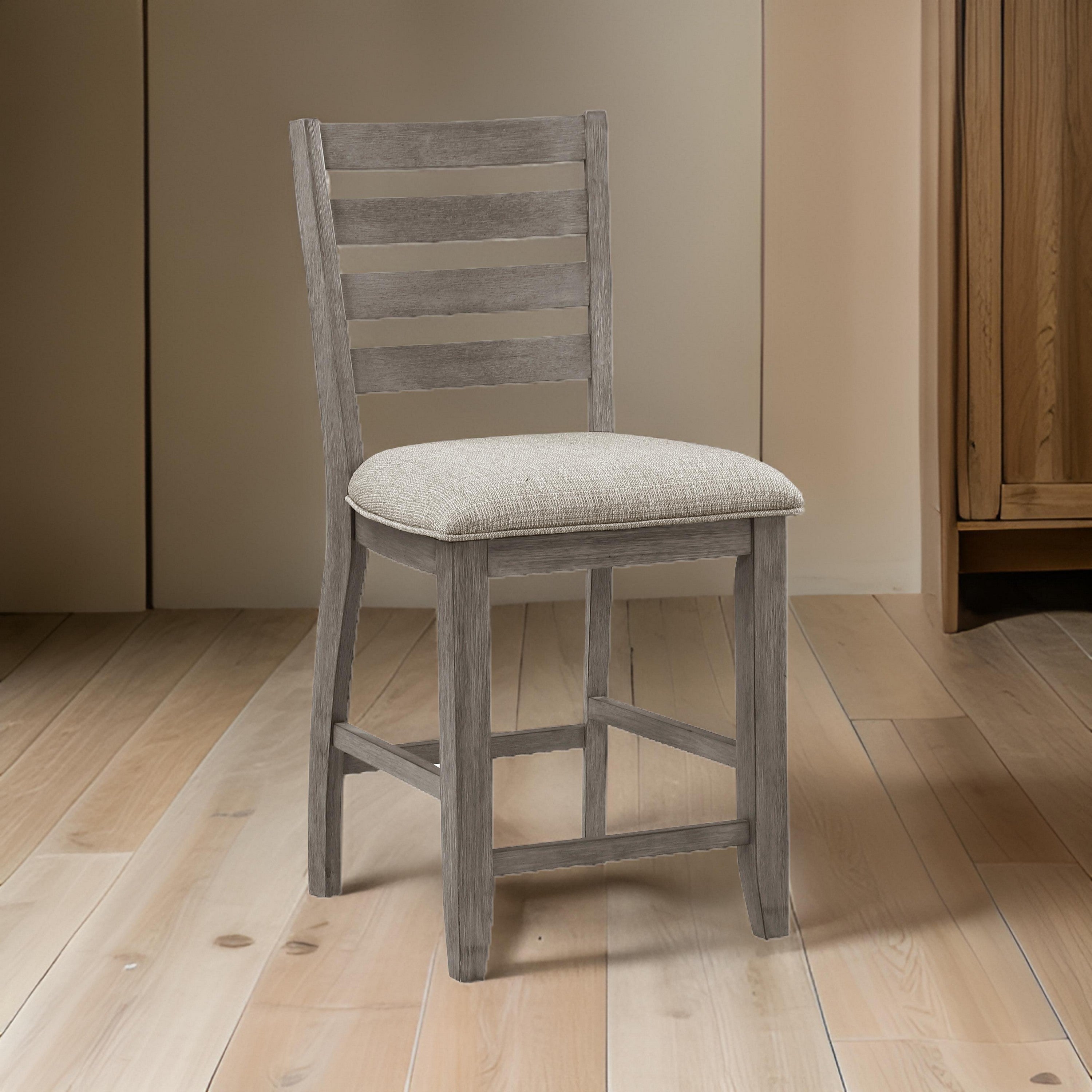 Benjara Trea 26 Inch Counter Height Chair, Ladder Back, Polyester, Gray Wood, Set of 2