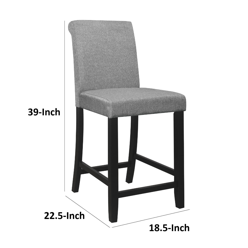 Benjara Rina 24 Inch Counter Height Chair, Gray Fabric, Black Wood, Set of 2