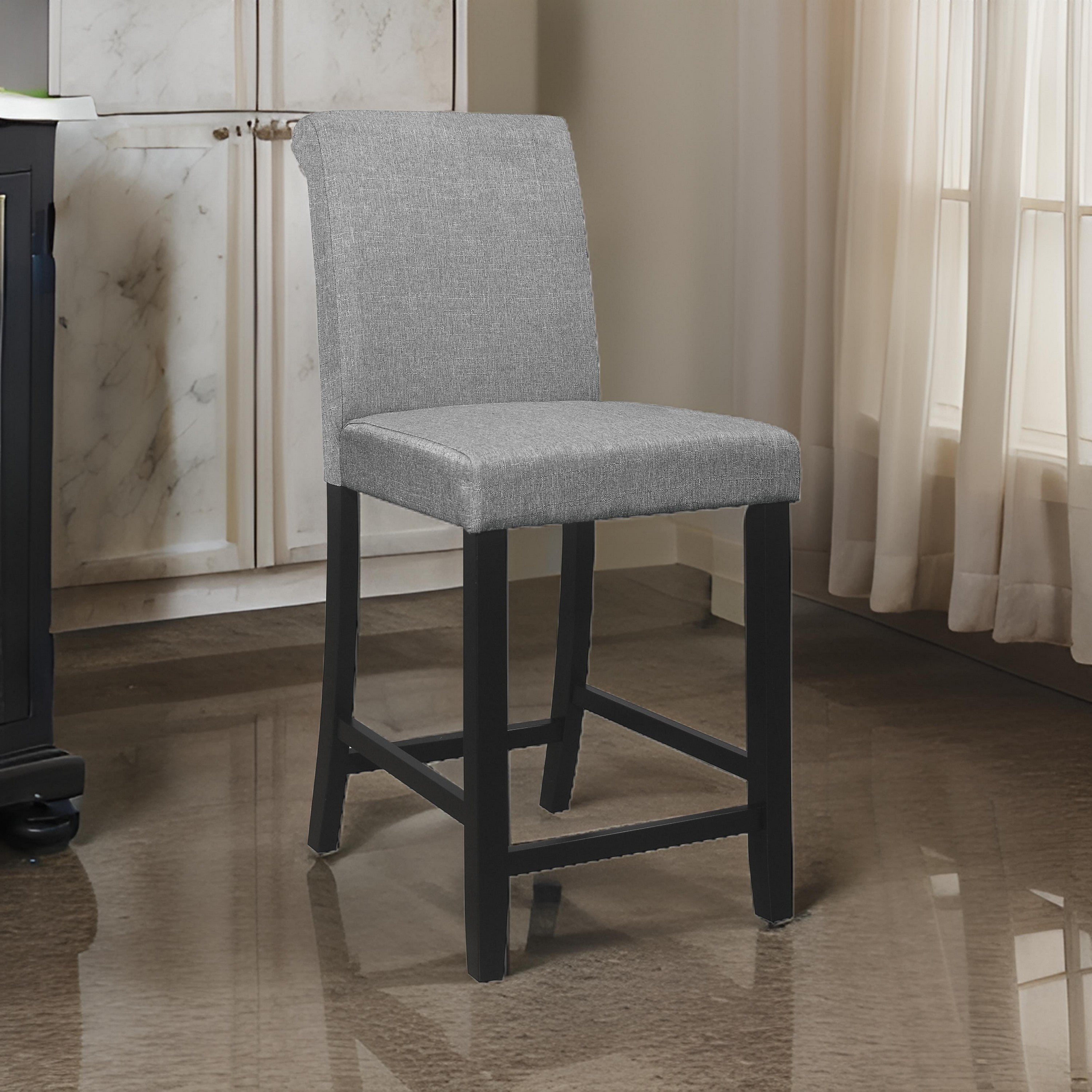 Benjara Rina 24 Inch Counter Height Chair, Gray Fabric, Black Wood, Set of 2