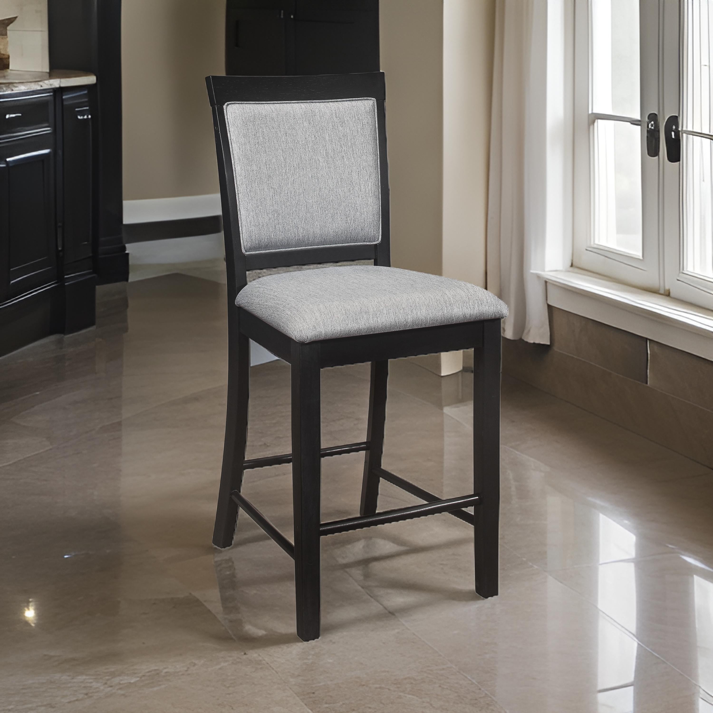 Benjara Aven 26 Inch Counter Height Chair, Gray Polyester, Black Wood, Set of 2