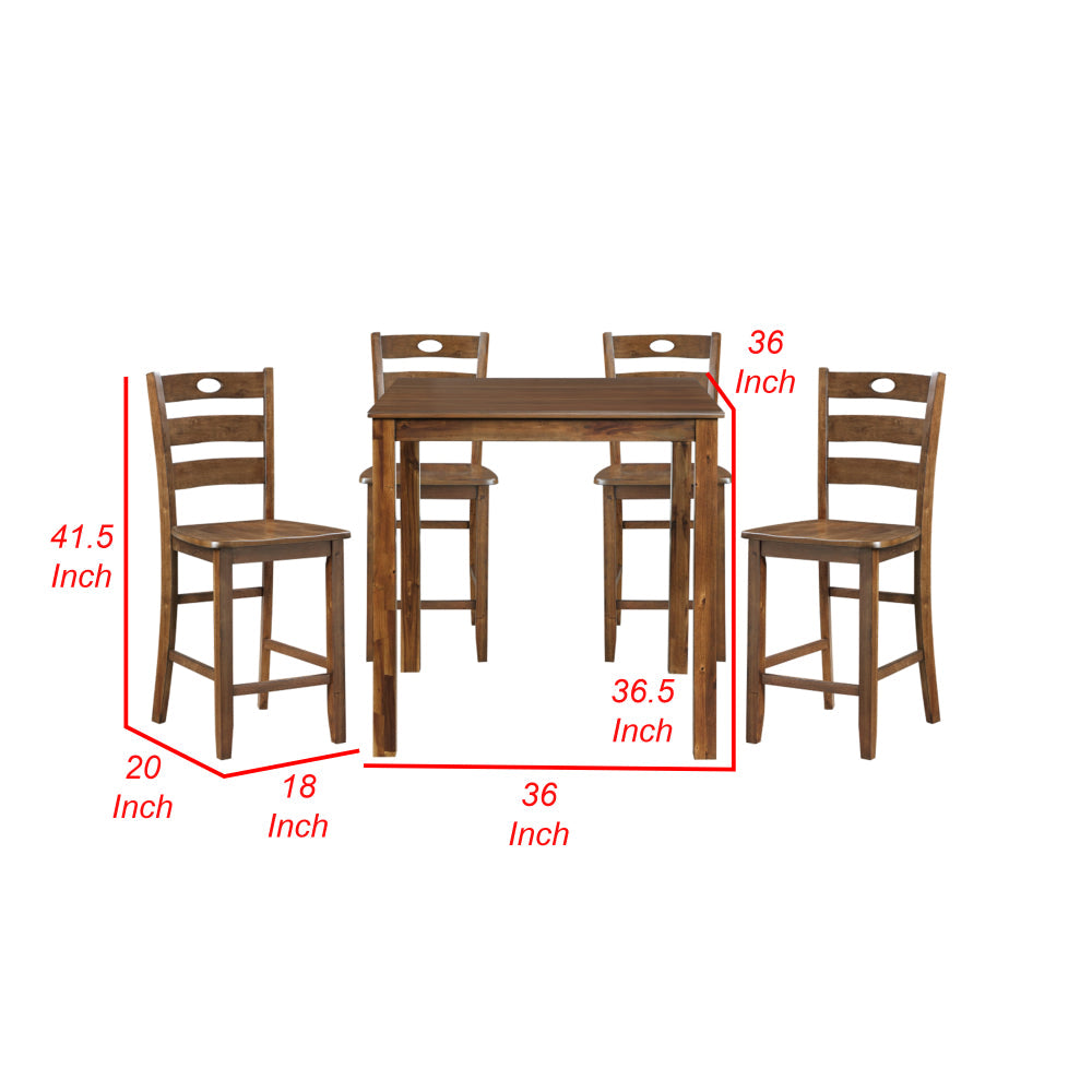 Benjara Tori 5 Piece Counter Height Dining Set, Square Table And 4 Chairs, Brown