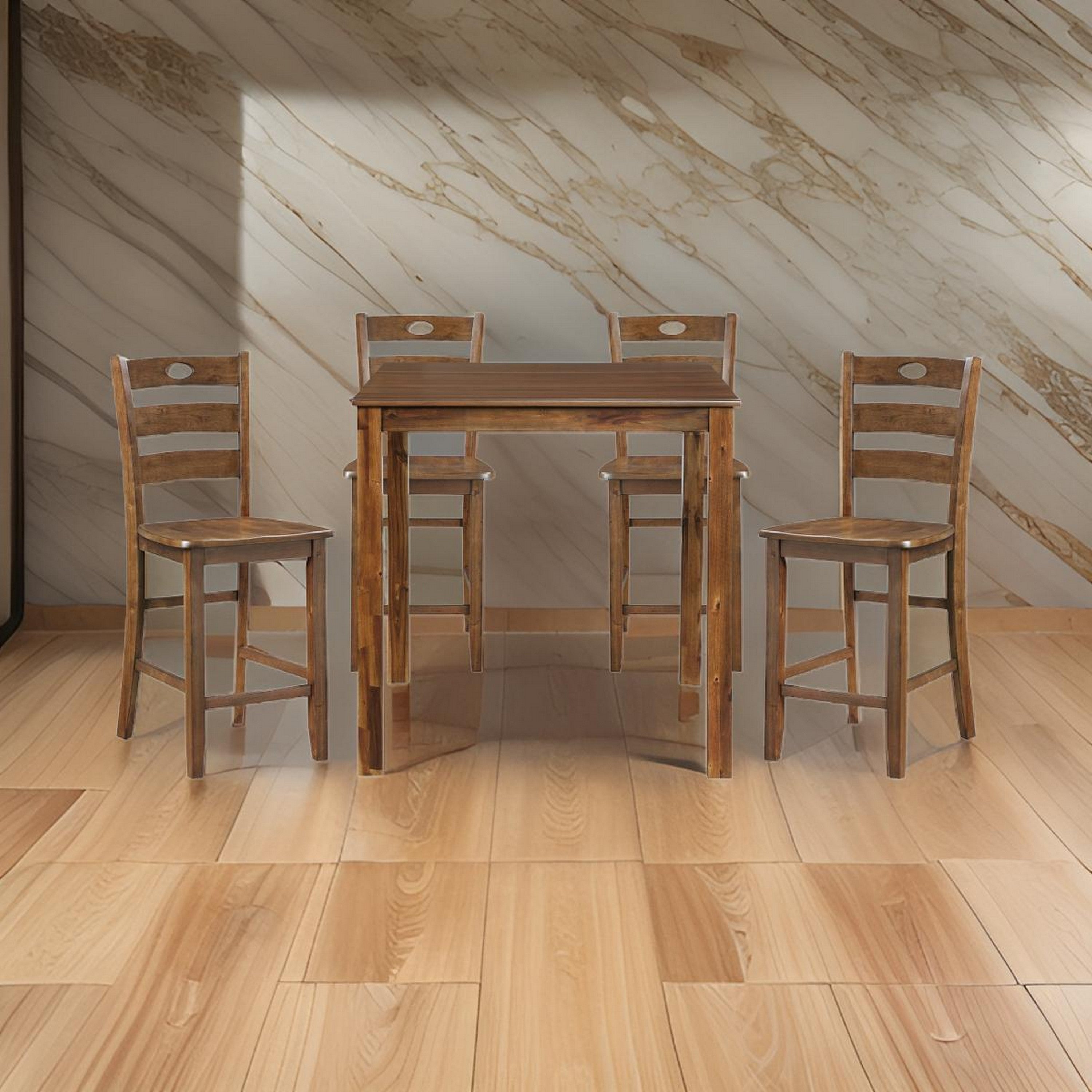 Benjara Tori 5 Piece Counter Height Dining Set, Square Table And 4 Chairs, Brown
