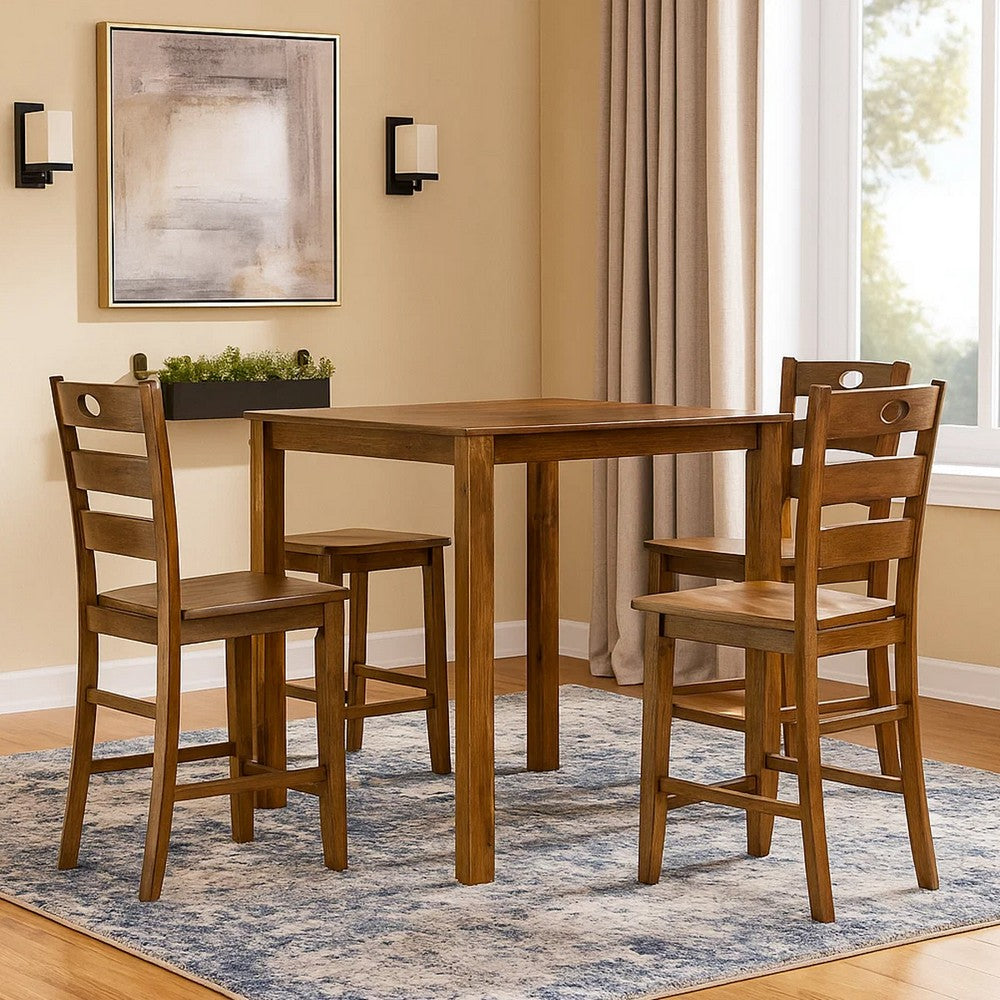 Benjara Tori 5 Piece Counter Height Dining Set, Square Table And 4 Chairs, Brown