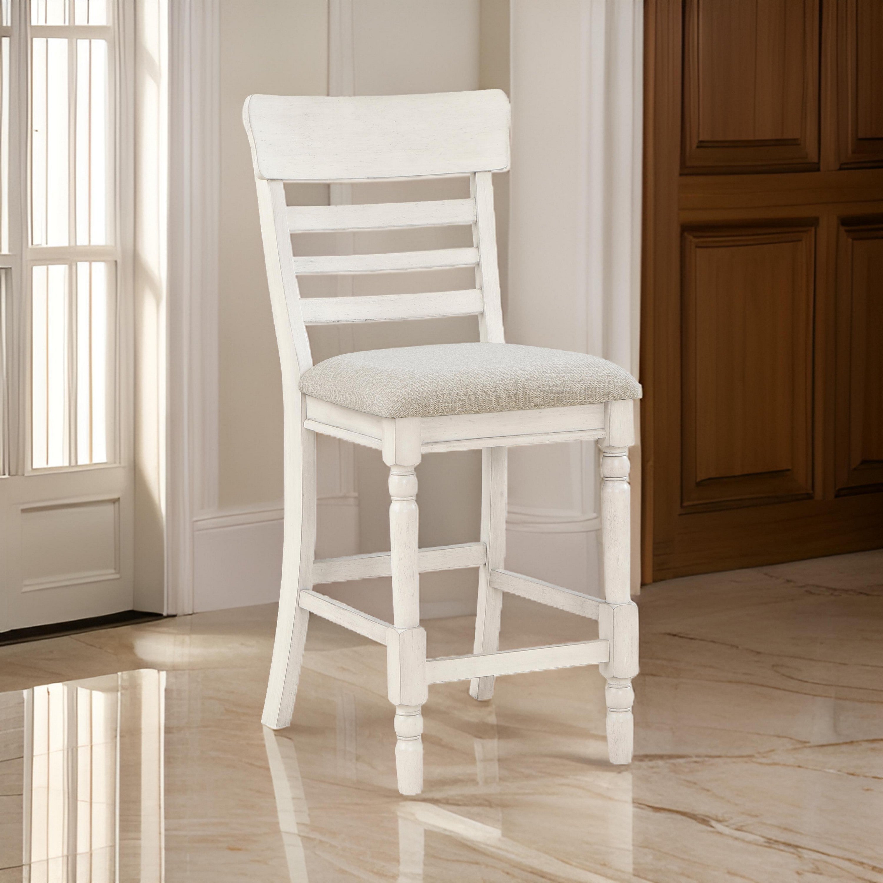 Benjara Will 26 Inch Counter Height Chair, Gray Polyester Upholstery, White, Set of 2