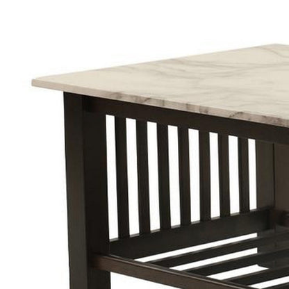 Benjara Moen 47 Inch Coffee Table, White Faux Marble Top, Bottom Shelf, Black Wood