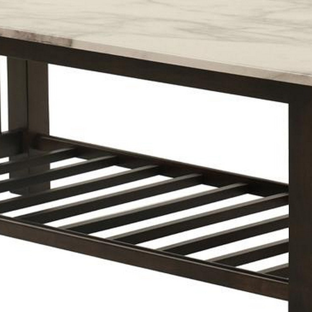 Benjara Moen 47 Inch Coffee Table, White Faux Marble Top, Bottom Shelf, Black Wood