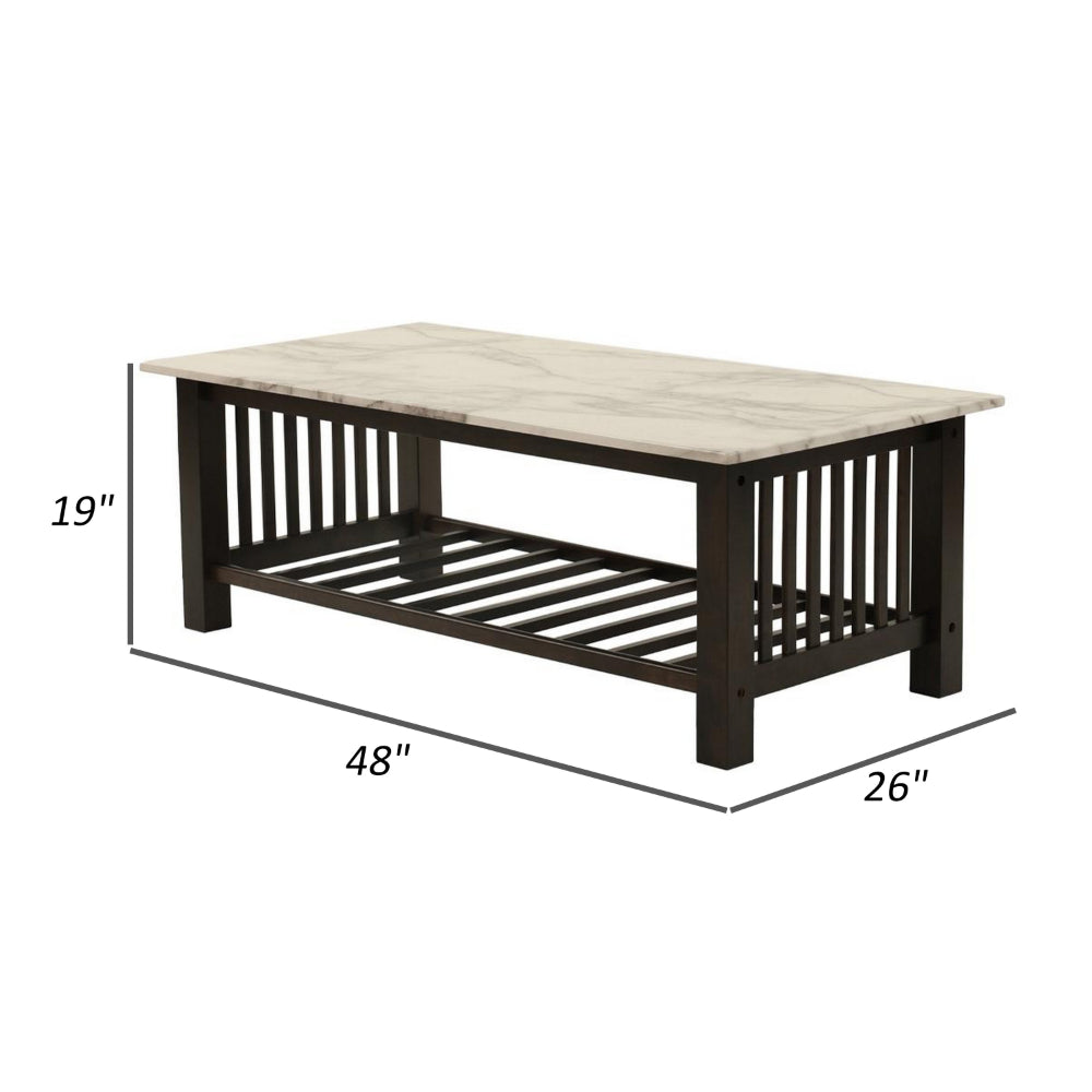Benjara Moen 47 Inch Coffee Table, White Faux Marble Top, Bottom Shelf, Black Wood