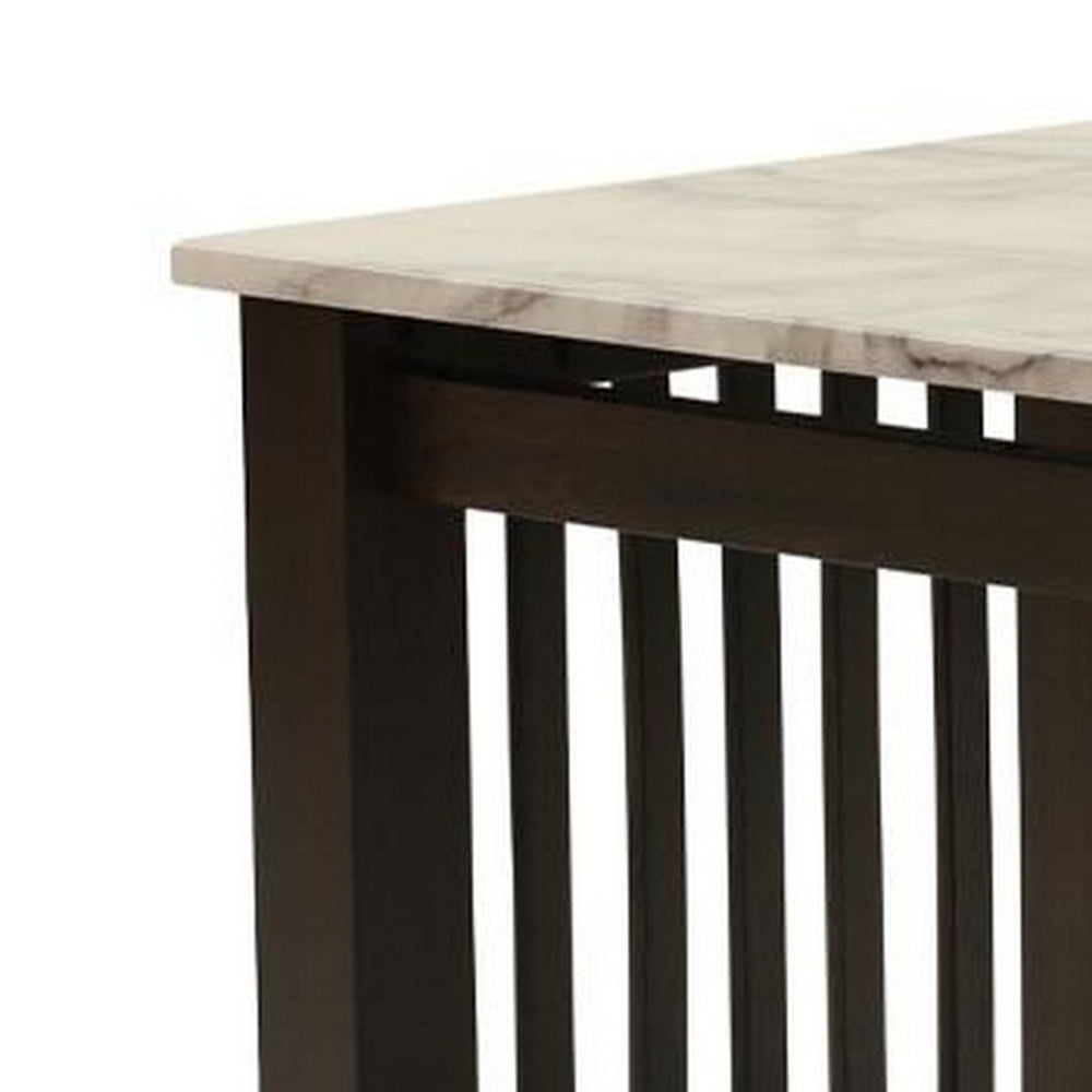 Benjara Moen 21 Inch Side End Table, White Faux Marble, Bottom Shelf, Black Wood