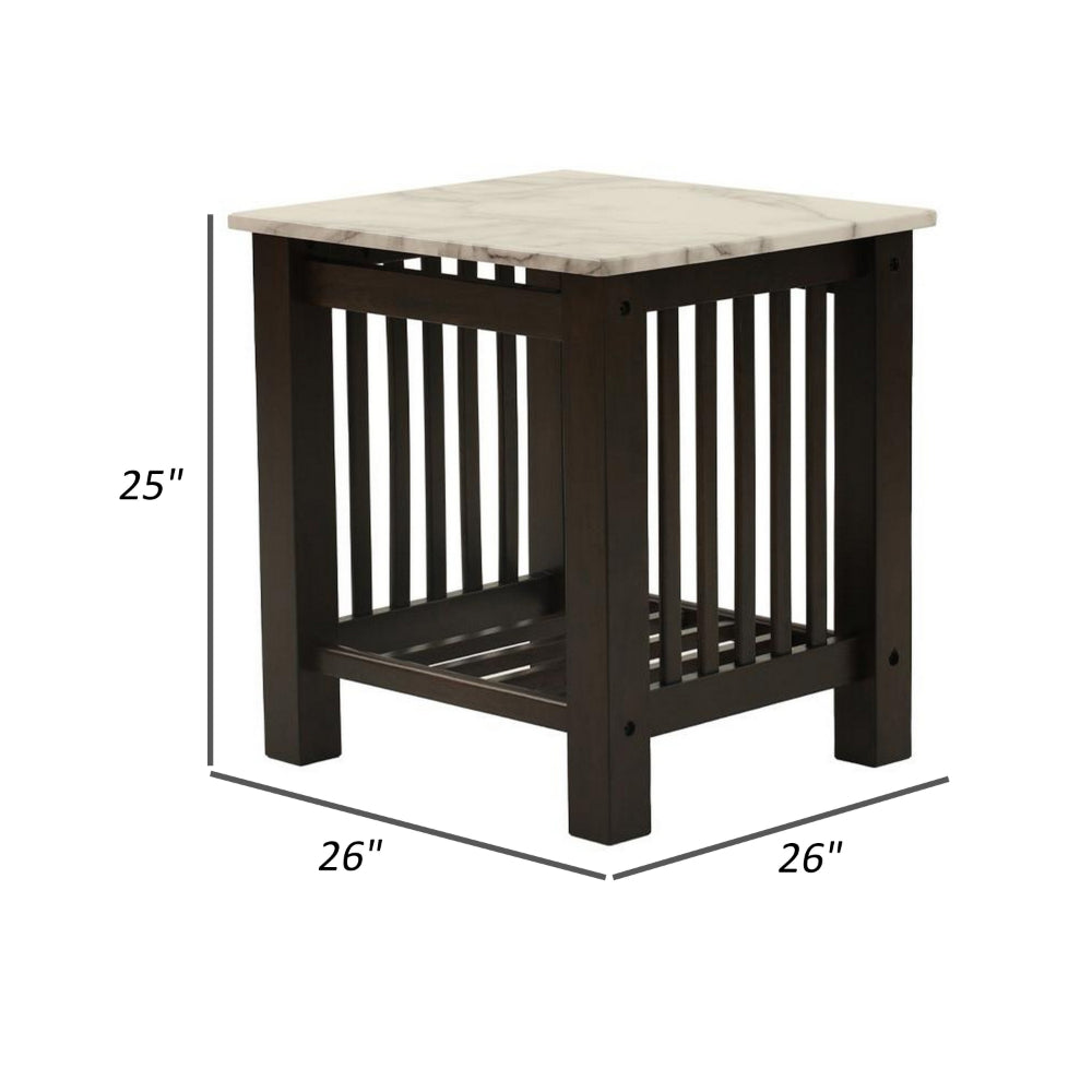 Benjara Moen 21 Inch Side End Table, White Faux Marble, Bottom Shelf, Black Wood