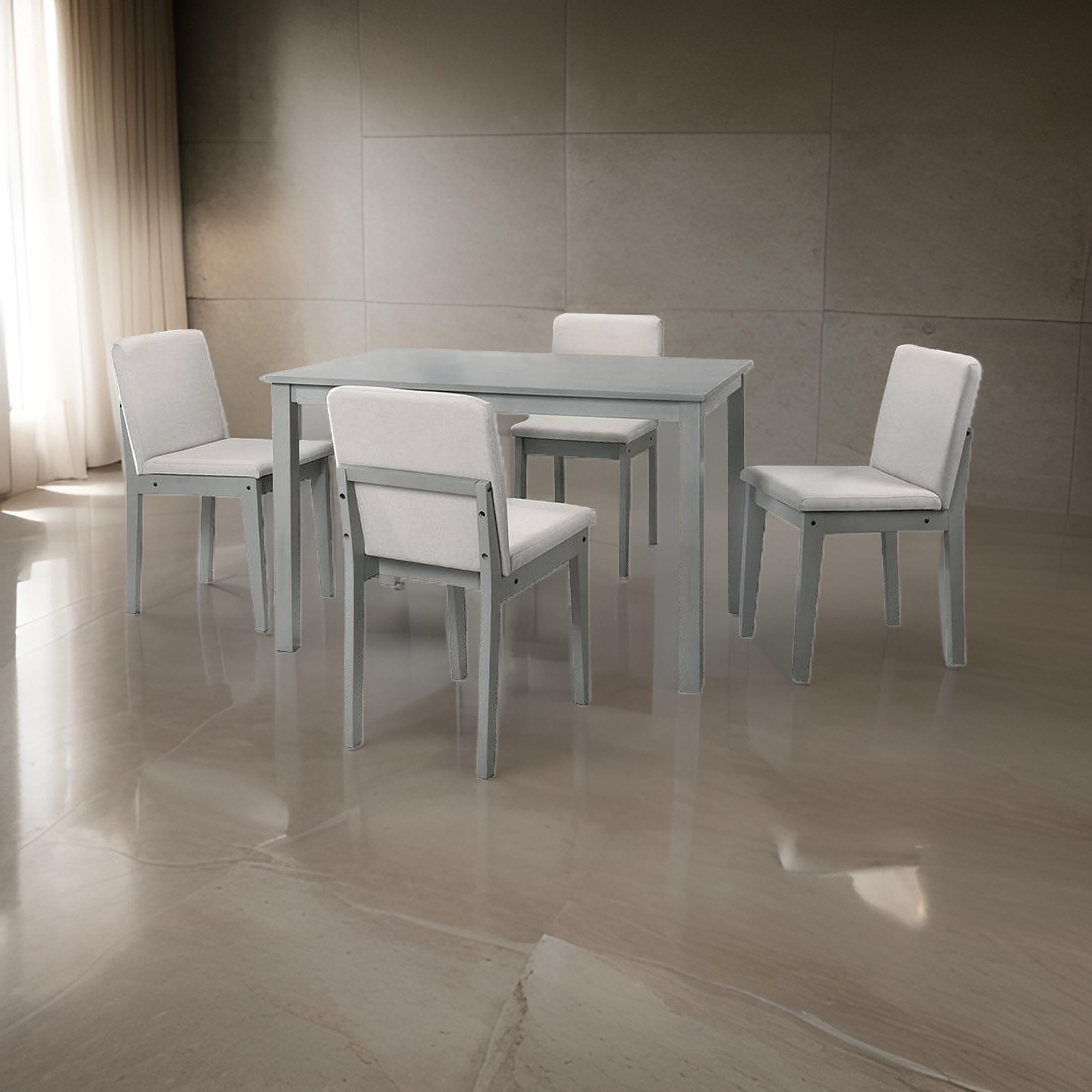 Benjara Zory 5pc Dining Table Set with 4 Cushioned Chairs, Beige Burlap, Gray Wood