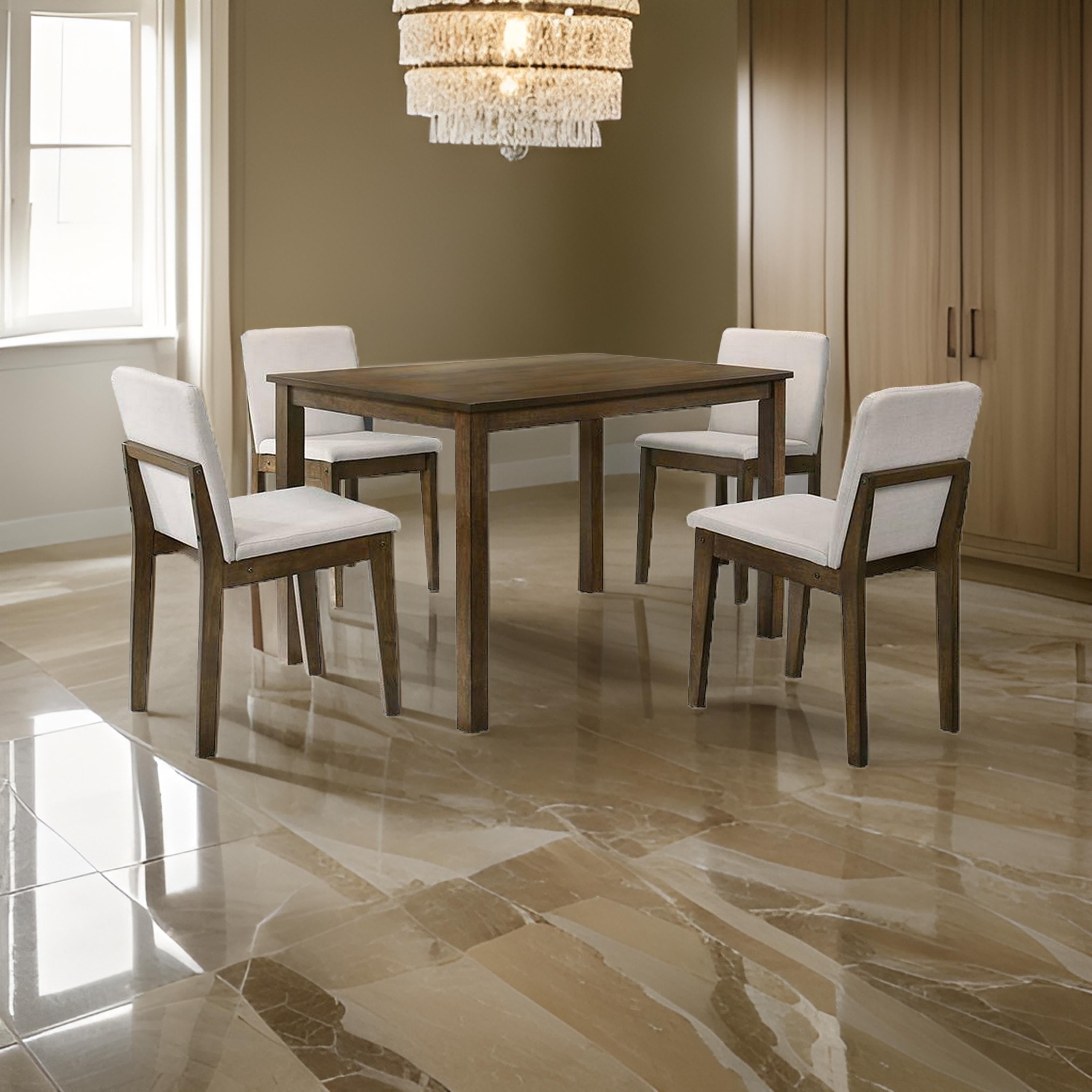 Benjara Zory 5pc Dining Table Set, 4 Padded Chairs, Beige Burlap, Brown Wood