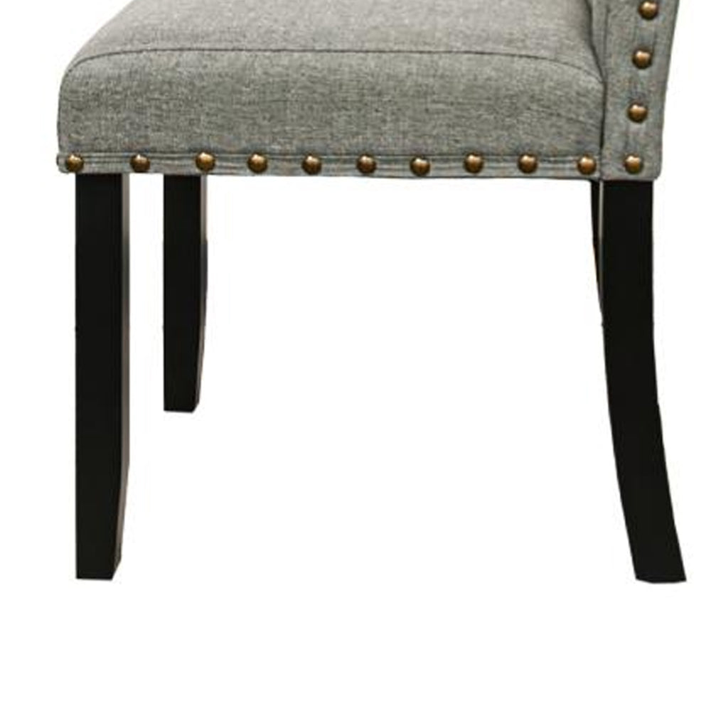 Benjara Sie 25 Inch Dining Chairs, Set of 2, Nailhead Trim, Padded Gray Upholstery, Black Wood