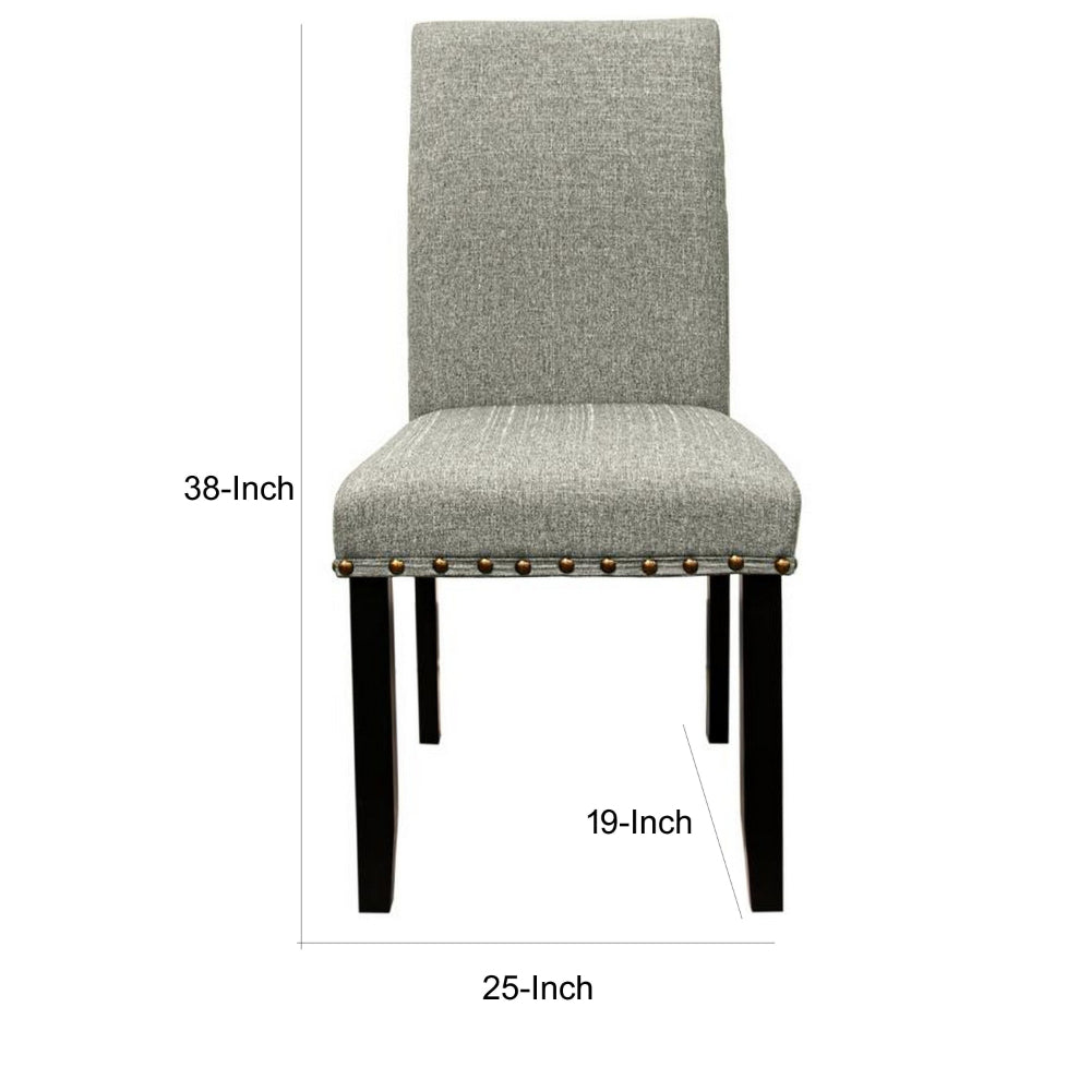Benjara Sie 25 Inch Dining Chairs, Set of 2, Nailhead Trim, Padded Gray Upholstery, Black Wood