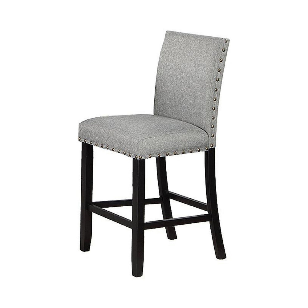 Benjara Sie 24 Inch Counter Height Chairs, Set of 2, Nailhead Trim, Gray Fabric, Black Wood