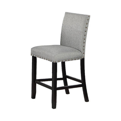 Benjara Sie 24 Inch Counter Height Chairs, Set of 2, Nailhead Trim, Gray Fabric, Black Wood