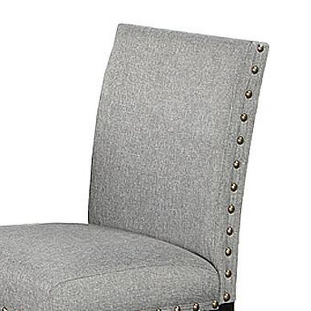 Benjara Sie 24 Inch Counter Height Chairs, Set of 2, Nailhead Trim, Gray Fabric, Black Wood