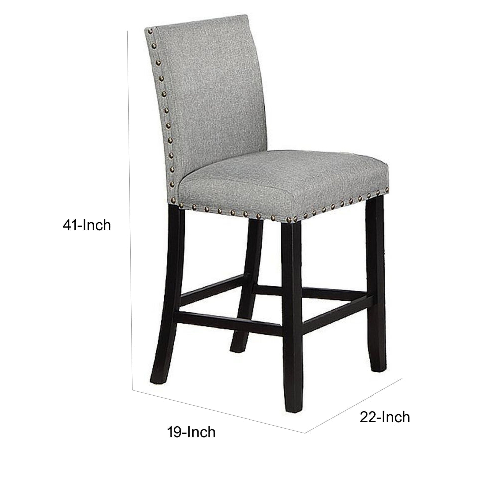 Benjara Sie 24 Inch Counter Height Chairs, Set of 2, Nailhead Trim, Gray Fabric, Black Wood