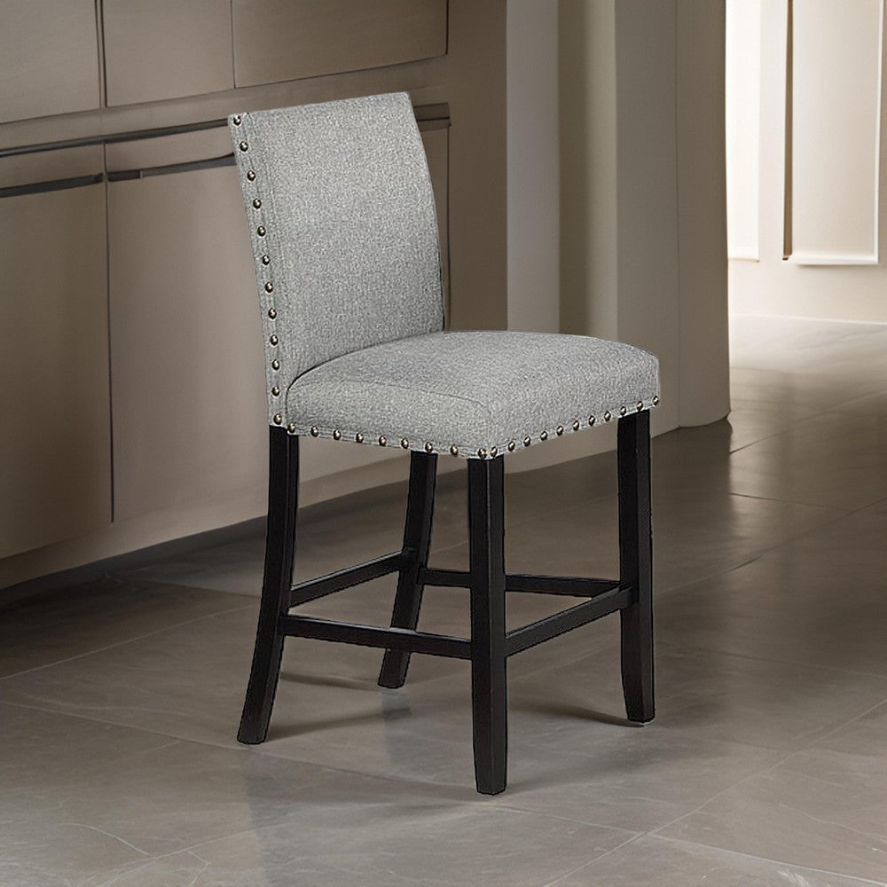 Benjara Sie 24 Inch Counter Height Chairs, Set of 2, Nailhead Trim, Gray Fabric, Black Wood