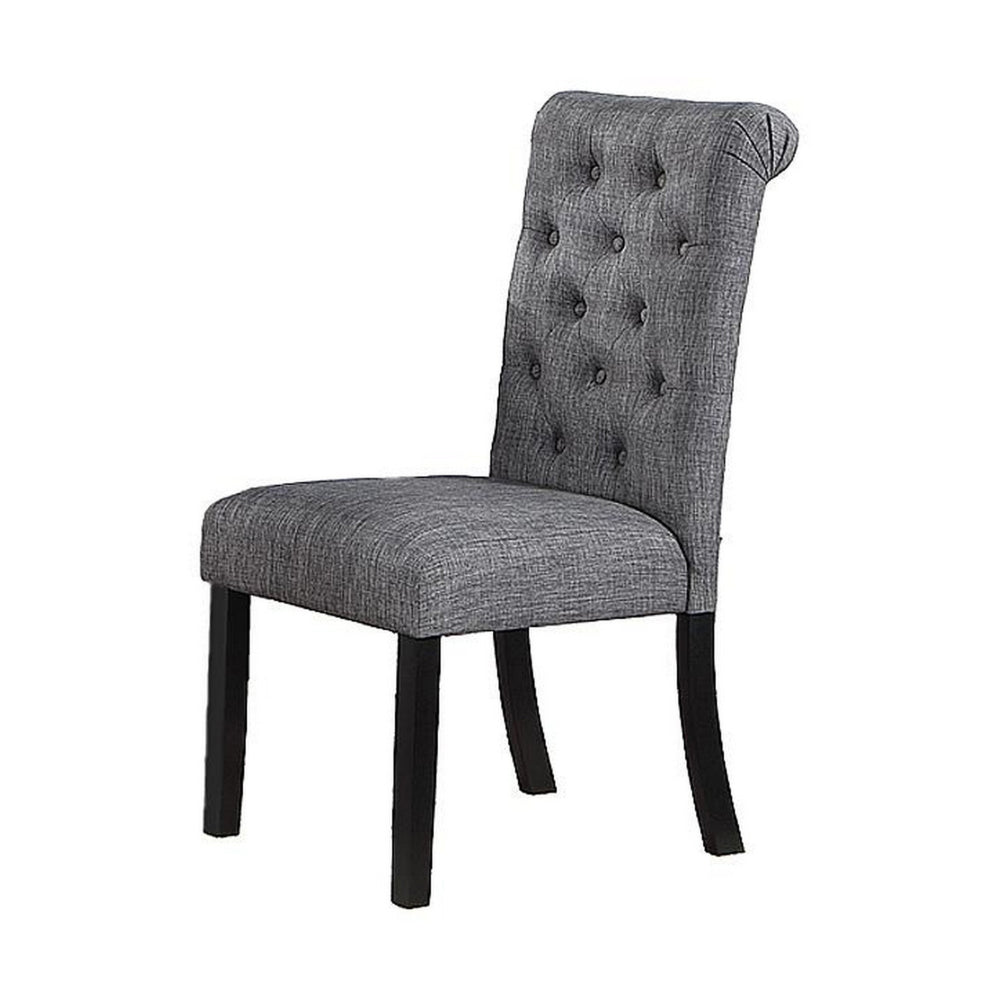 Benjara Jie 25 Inch Dining Chairs, Set of 2, Tufted Gray Upholstery, Rolled Top, Black Wood