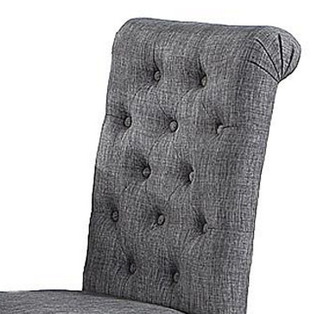 Benjara Jie 25 Inch Dining Chairs, Set of 2, Tufted Gray Upholstery, Rolled Top, Black Wood