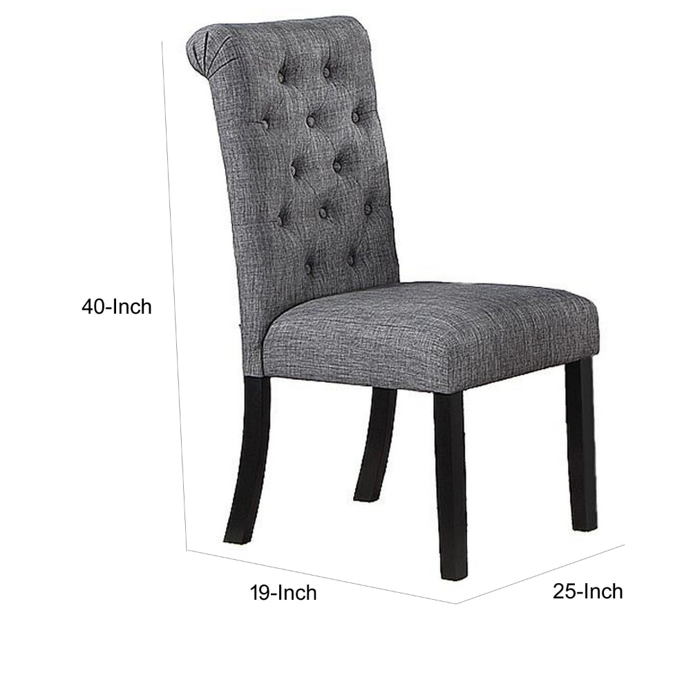 Benjara Jie 25 Inch Dining Chairs, Set of 2, Tufted Gray Upholstery, Rolled Top, Black Wood