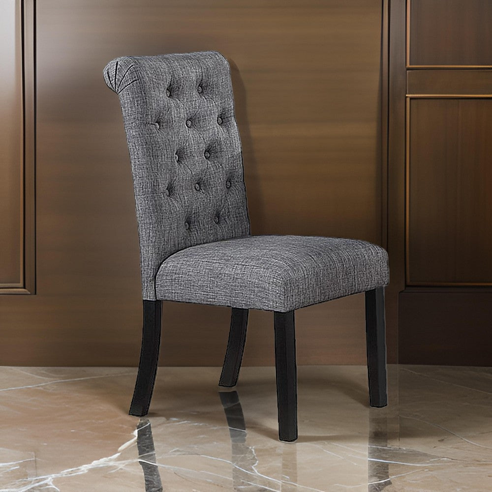 Benjara Jie 25 Inch Dining Chairs, Set of 2, Tufted Gray Upholstery, Rolled Top, Black Wood