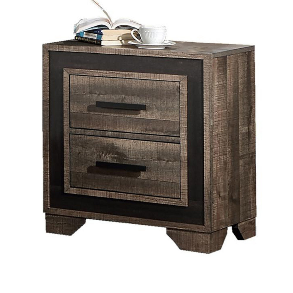 Benjara Nny 26 Inch Nightstand with 2 Drawers, Black Handles, Brown Wood Finish
