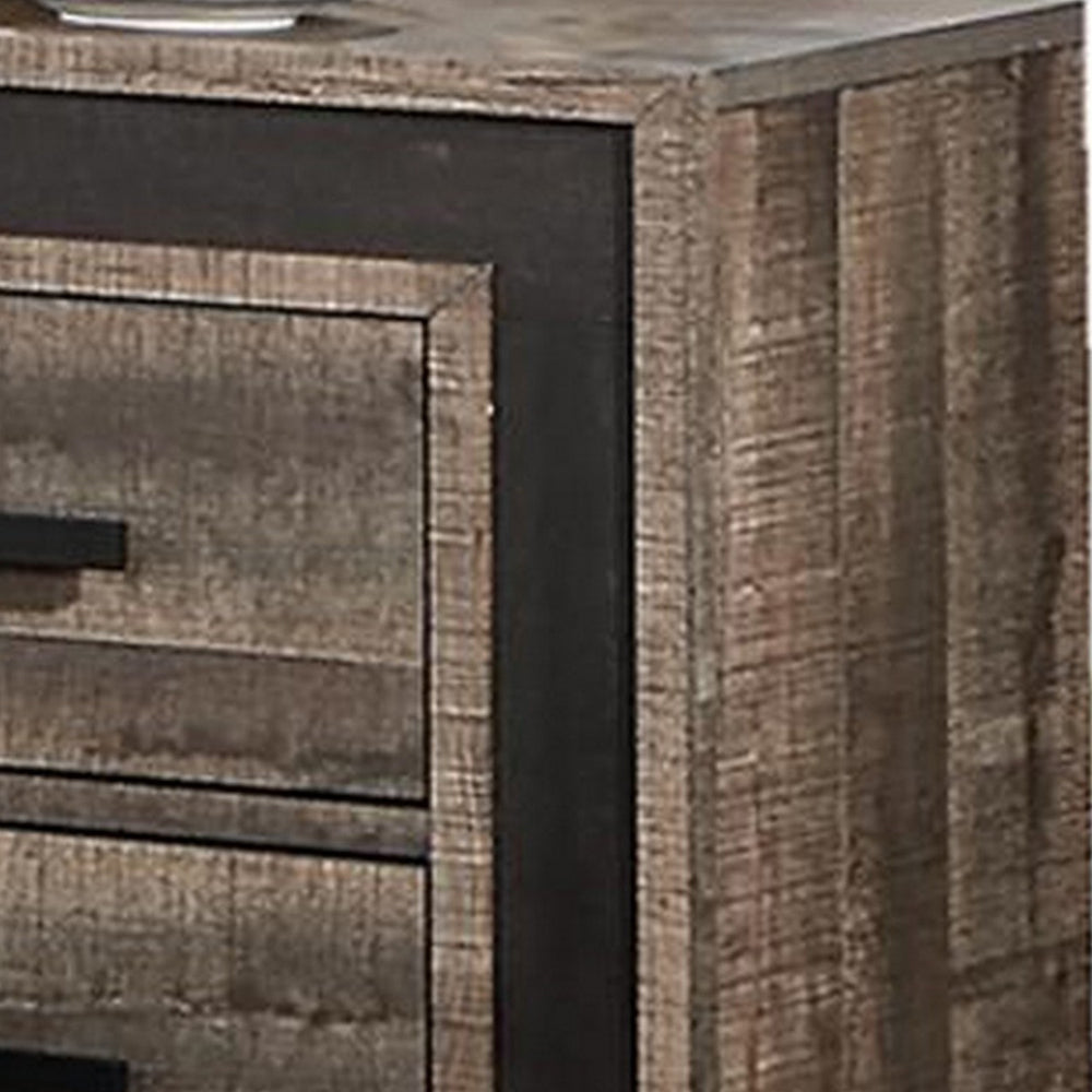 Benjara Nny 26 Inch Nightstand with 2 Drawers, Black Handles, Brown Wood Finish