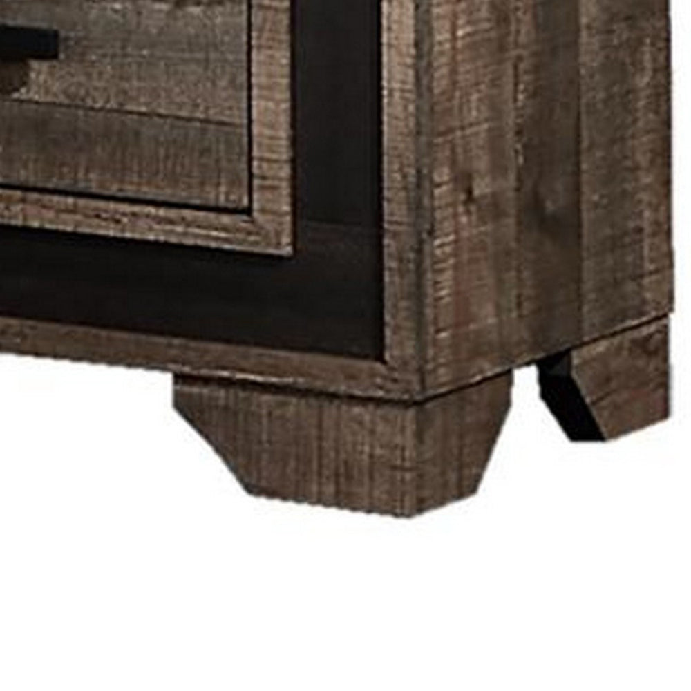 Benjara Nny 26 Inch Nightstand with 2 Drawers, Black Handles, Brown Wood Finish