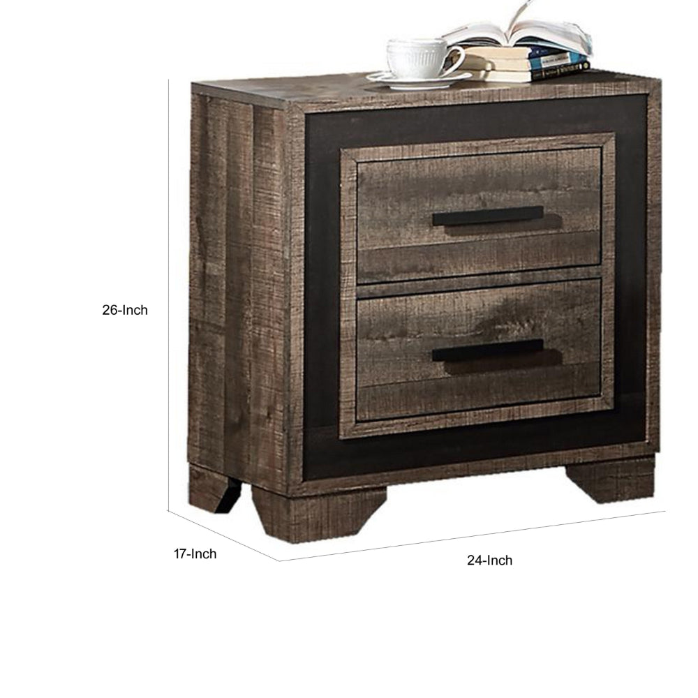 Benjara Nny 26 Inch Nightstand with 2 Drawers, Black Handles, Brown Wood Finish