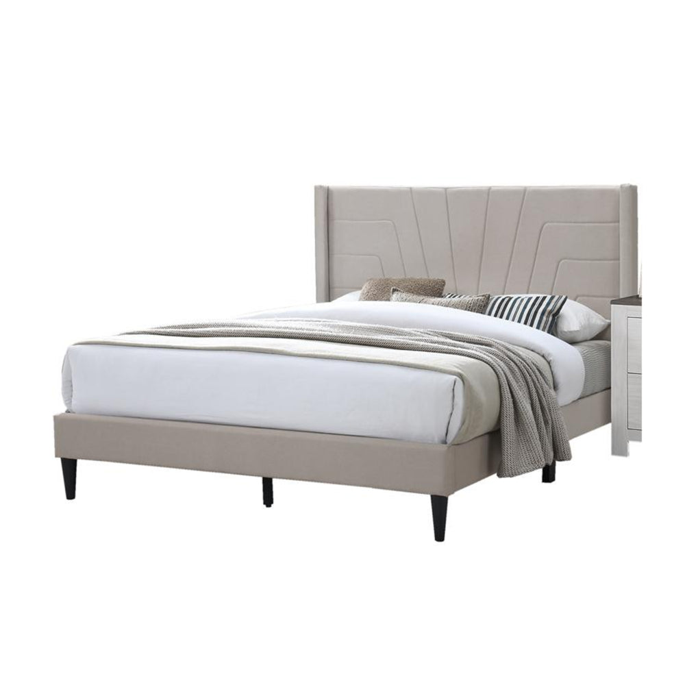 Benjara Kopa Queen Size Bed with Tufted Headboard, Brown Burlap Upholstery, Wood