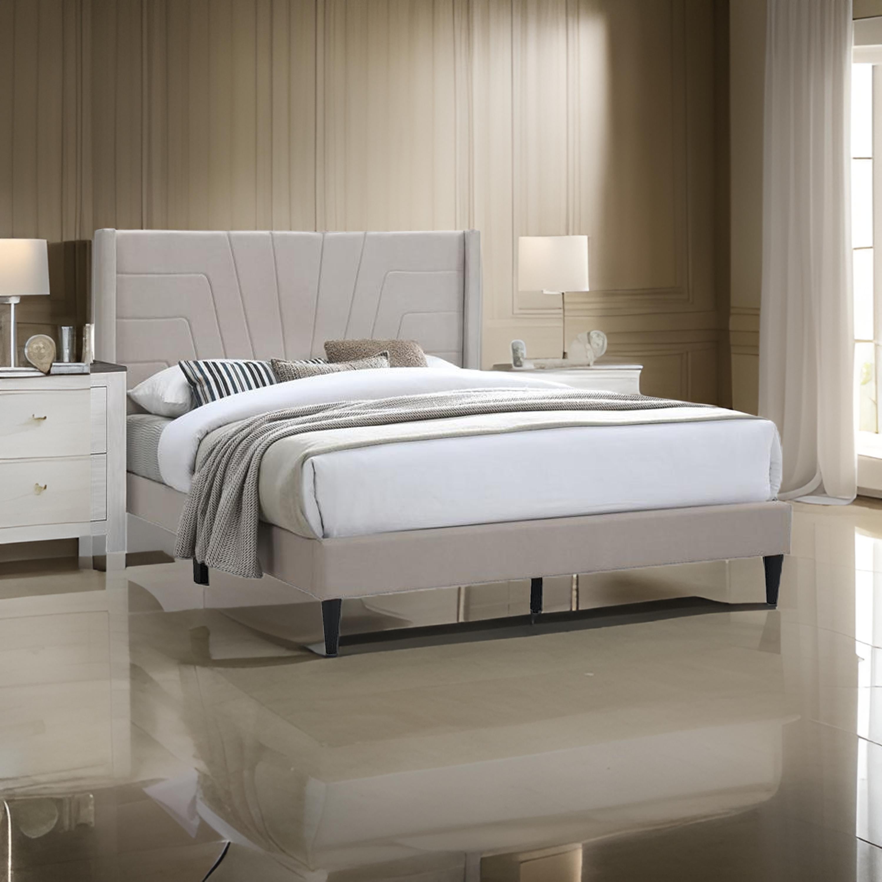 Benjara Kopa Queen Size Bed with Tufted Headboard, Brown Burlap Upholstery, Wood